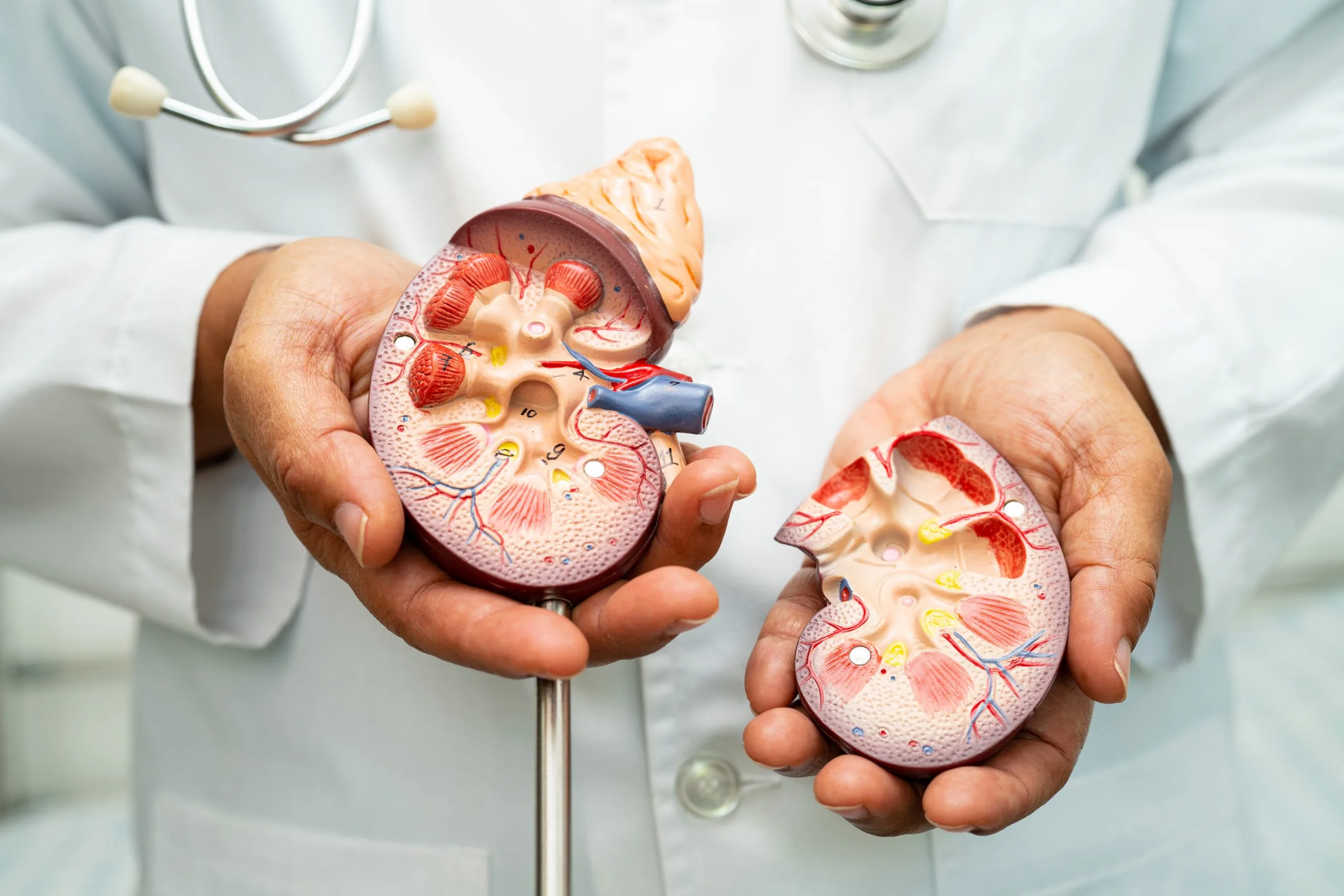 Kidney disease, Chronic kidney disease ckd, Doctor with human model to study and treat in hospital.