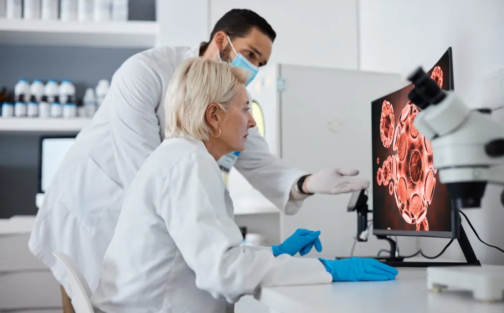Research, covid and science in a medical laboratory using technology and computer for analytics of .
